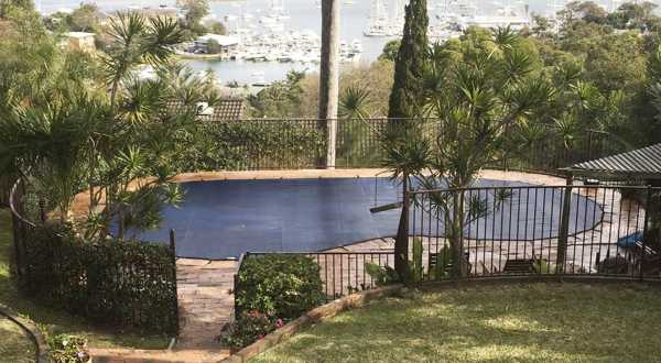 Blue leaf cover on waterside pool