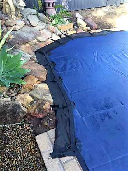 Blue leaf cover fits nicely to rock perimeter pool